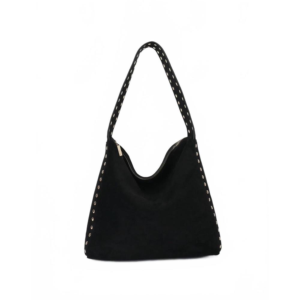 NEW REMI/REID women's pasadena studded shoulder bag in faux black suede